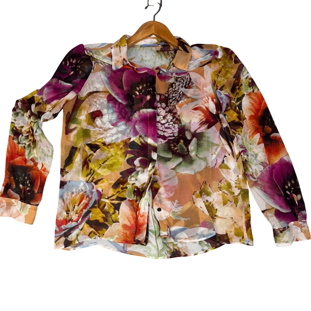 Simply Vera Vera Wang Floral Button Down Blouse Sheer Long Sleeve PurpleOrange L